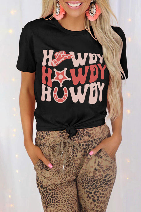 Black Howdy Letter Graphic Print Short Sleeve T Shirt